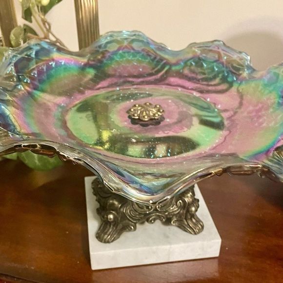 Vintage Other - Carnival Glass Iridescent Diamond Pattern Ruffled 10" Vintage Footed Bowl on bra